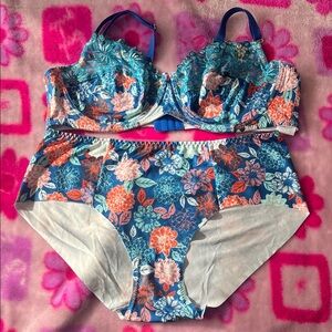 Plus size Floral Blue and Orange Lingerie Set